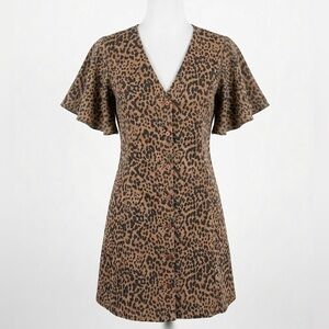 GAP Brown Leopard Print V-Neck 100% Cotton Denim Mini Dress Size Medium